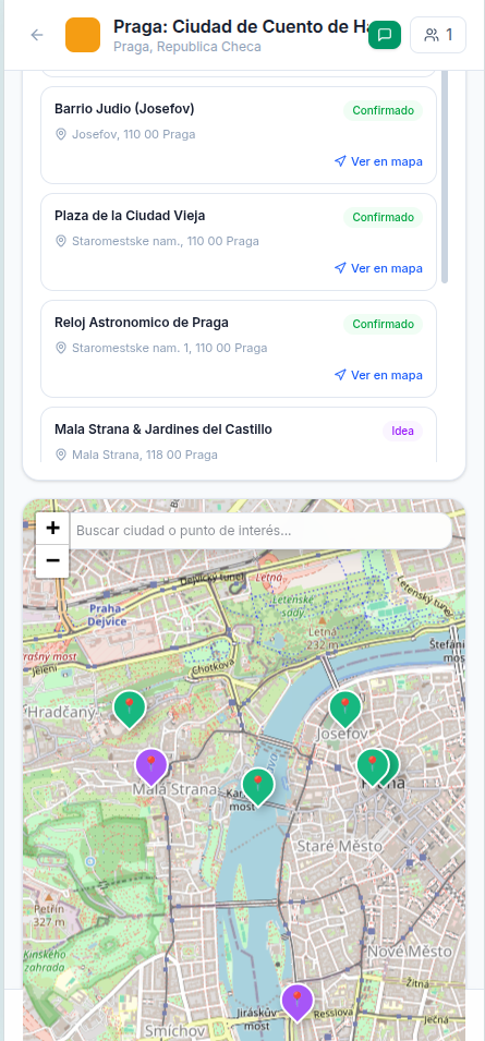 Trailla app — mapa y lista de lugares del viaje